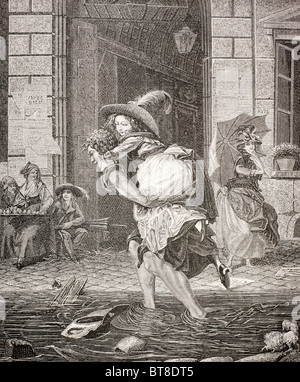 Un transporteur transportant une femme de l'autre côté de la rue un jour de pluie au 18e siècle Paris. Banque D'Images