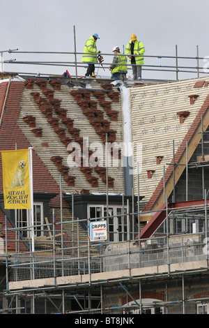 Les constructeurs de construire de nouvelles maisons sur un champ vert à Bolnore site Village. Photo par James Boardman. Banque D'Images