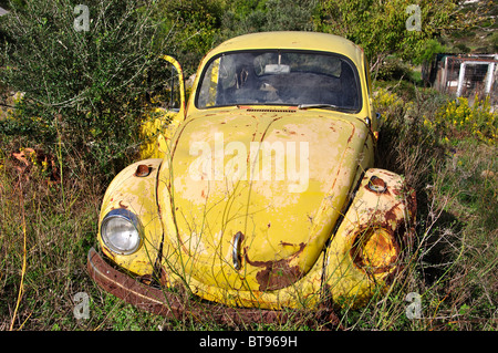 Vieille voiture VW Coccinelle rouillent dans domaine, Zante, îles Ioniennes, Grèce Banque D'Images