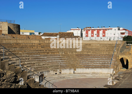 Scène et coin salon, Théâtre Romain, Santiponce, Italica, Séville, Province de Séville, Andalousie, Espagne, Europe de l'Ouest. Banque D'Images