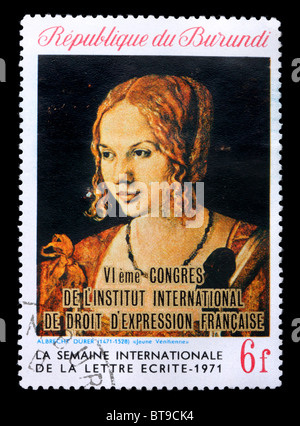 Un timbre imprimé en République centrafricaine Burundi montre une photo par Albrecht durer "Portrait d'une jeune femme Vénitienne", vers 1971 Banque D'Images