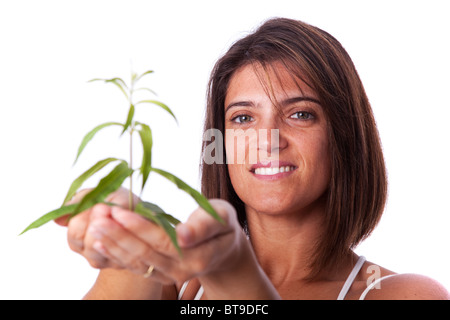 Belle femme tenant une plante verte dans ses mains Banque D'Images