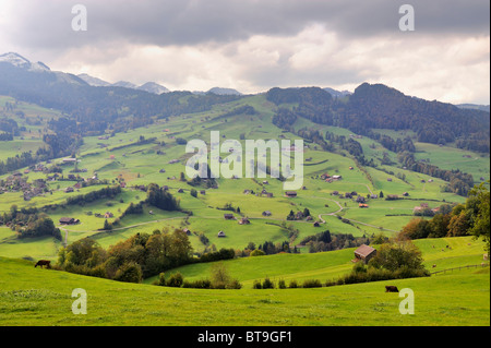 Vue panoramique à partir d'un pâturage de montagne dans la vallée de la Thur et la région près de Wattwil Toggenburg, canton de Saint-Gall, en Suisse Banque D'Images