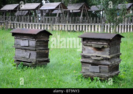 Les anciens types de ruches, Parc Ethnographique à Olsztynek, Pologne Banque D'Images