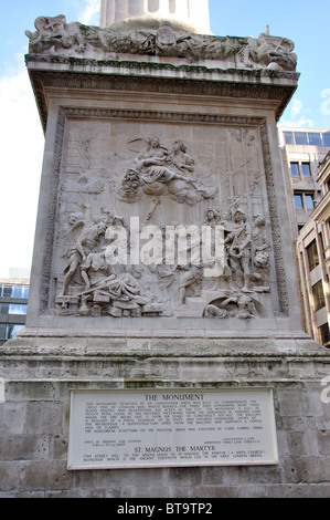 'Le grand incendie de Londres' inscription sur le Monument Tour, Ville de London, Greater London, Angleterre, Royaume-Uni Banque D'Images