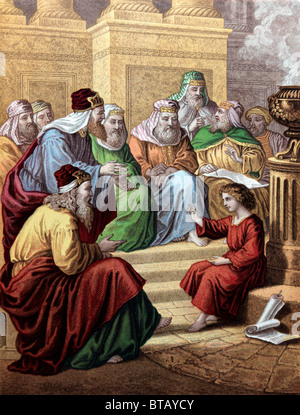 Peinture du garçon Jésus disputant dans le Temple (Évangile de Luc) Nouveau Testament Banque D'Images