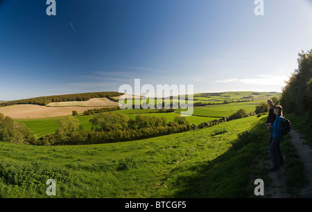 Les promeneurs sur les South Downs Way dans la vallée de Meon près de Exton, Hampshire, Royaume-Uni Banque D'Images