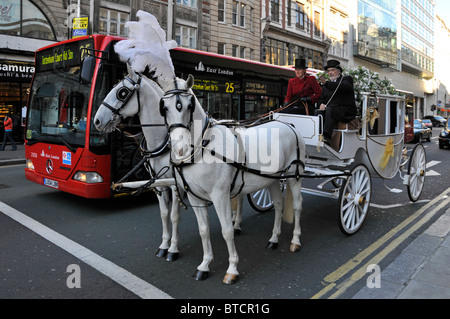 Couple de chevaux et chariot de mariage blanc Banque D'Images