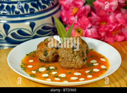 Boulettes de boeuf à la main avec des herbes, épices, menthe et l'oignon. Tourné avec projecteurs et 100mm macro objectif. Banque D'Images