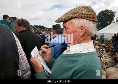 Personnes âgées éleveur portant son chapeau plat, écrit vers le bas le prix de vente aux enchères d'agneau réalisé à la brebis Priddy juste. DAVID MANSELL Banque D'Images