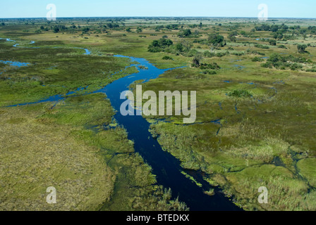 Vue panoramique aérienne d'une zone saisonnièrement inondées en bordure du delta de l'Okavango Banque D'Images