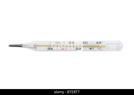 Thermomètre à mercure clinique. Isolé sur fond blanc avec chemin de détourage. Banque D'Images