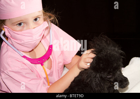 Jeune fille habillé comme un médecin ou un vétérinaire en aidant les petits chiens caniche rose Banque D'Images