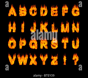 Ensemble de lettres de l'alphabet latin en feu. Police artistique. Digital illustration isolé sur fond noir. Banque D'Images