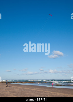 Flying Kite sur plage de Bamburgh, Northumberland Banque D'Images