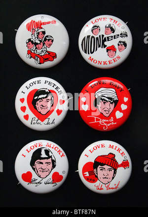 Badges Bouton pour le groupe pop américain Le Monkees, ch. 1967 Banque D'Images