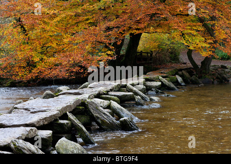 La Tarr, une cité médiévale clapper bridge sur la rivière Barle dans le Parc National d'Exmoor, Somerset, UK Banque D'Images