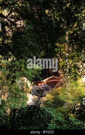 Collecteur de nid d'hirondelles debout dans sa maison construite dans une grotte de grande ouverture sur une falaise face à l'épaisse forêt tropicale à Bornéo Banque D'Images
