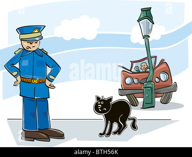 Illustration du Chat noir qui a causé l'accident de voiture de police et en colère Banque D'Images