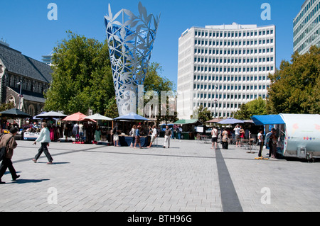 Place de la Cathédrale,Christchurch, La Vieille Ville,Architecture,Arts Centre, exposition d'œuvres d'art, des tramways,B&B's, Canterbury, île du sud, Nouvelle-Zélande Banque D'Images