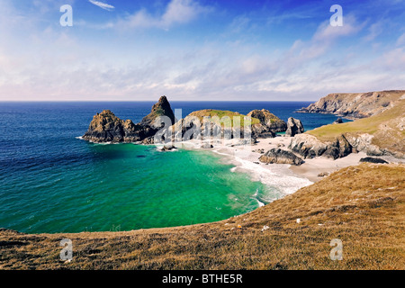 Une large vue de la falaise, plus de Kynance Cove, Cornwall, vu de la South West Coast Path Banque D'Images