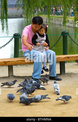 Un père avec sa fille, nourrir les pigeons, Séoul, Corée du Sud Banque D'Images