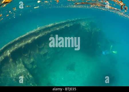 Un apnéiste explore une épave coulée dans les eaux peu profondes du lagon protégé de Palau. Palau, Micronesia, Pacific Ocean. Banque D'Images