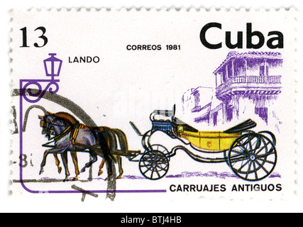 CUBA - circa 1981 : timbre imprimé en Cuba montre l'image de l'équipage avec les chevaux, vers 1981. Banque D'Images