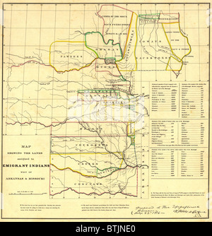 1836 Carte montrant le territoire indien (aujourd'hui l'Oklahoma) attribué à l'Est déplacées aux tribus, les Indiens Cherokees, ruisseaux, Choctaws, Osages, et les Seminoles. Banque D'Images