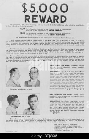 Avis de recherche avec mugshots de Jacob "Gurrah" Shapiro (haut), et 'Louis Lepke Buchalter, des gangsters juifs américains, les photos Février 1936 (TOP), et 1933 (en bas), l'affiche 1937. Banque D'Images