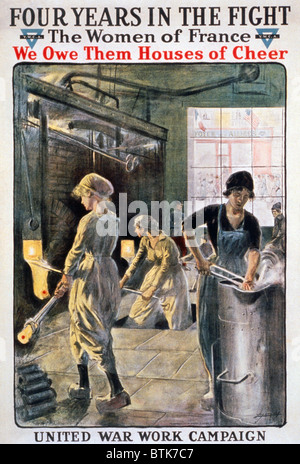 "Quatre ans dans la lutte". Les femmes travaillant dans une usine de munitions durant la Seconde Guerre mondiale I. Financement YWCA de l'affiche. Lithographie couleur, ca. 1918 Banque D'Images