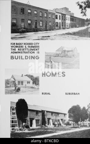 États-unis l'Administration de la réinstallation des affiches illustrant les logements délabrés il remplacerait avec de nouvelles maisons construites avec du travail de secours, dans le cadre de la Federal Emergency Relief Act, du 12 mai 1933. Banque D'Images