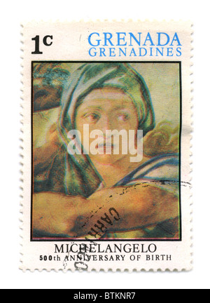 La Grenade - circa 1975 : timbre imprimé dans la grenade artiste MICHELANGELO DI LODOVICO dédié BUONARROTI SIMONI 500e anniversaire de naissance, vers 1975. Banque D'Images