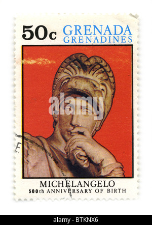 La Grenade - circa 1975 : timbre imprimé dans la grenade artiste MICHELANGELO DI LODOVICO dédié BUONARROTI SIMONI 500e anniversaire de naissance, vers 1975. Banque D'Images