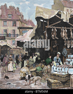 La France. Paris. Marché. Gravure couleur,1869. Banque D'Images