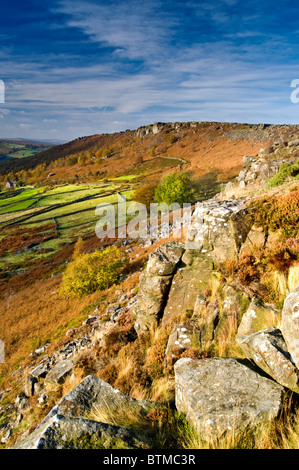 Curbar vu du bord bord Buxton, parc national de Peak District, Derbyshire, Angleterre, RU Banque D'Images