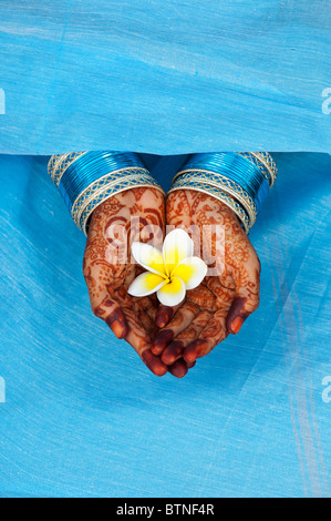 Indian girl wearing a blue sari de henné mains tenant une fleur de frangipanier. L'Inde Banque D'Images