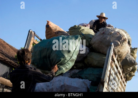 Les travailleurs sont le chargement d'un camion avec les sacs de matières recyclables à Kampong Cham, au Cambodge. Banque D'Images