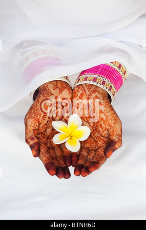 Indian girl wearing sari de henné mains tenant une fleur de frangipanier. L'Inde Banque D'Images
