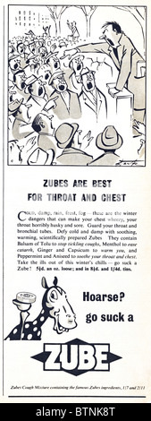 Annonce dans le magazine vers 1952 pour ZUBE menthol bonbons contre la toux Banque D'Images