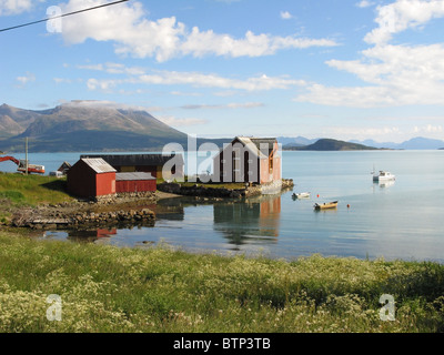 Ancien entrepôt de bois et bâtiments en bois au bord de l'eau, Ervik, près de Harstad, Hinnøya, Troms, norvège arctique. Banque D'Images