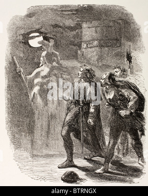 Illustration de Hamlet de William Shakespeare. Hamlet, Horatio et Marcellus voir le fantôme. Banque D'Images