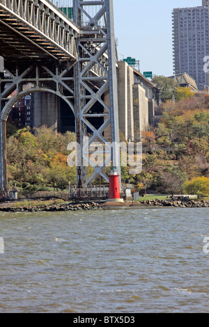 Le petit phare rouge dans le New York du George Washington Bridge Banque D'Images