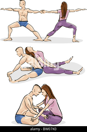 Illustration de l'homme et de la femme la pratique du Yoga en couple Banque D'Images