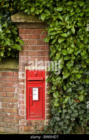 Montage mural victorien rouge post box, en zone rurale. Banque D'Images