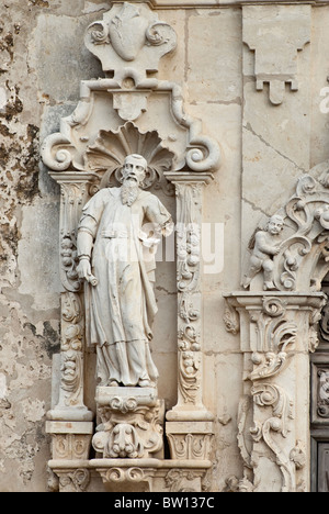 À l'église à façade sculptures Mission San Jose à San Antonio, Texas, USA Banque D'Images