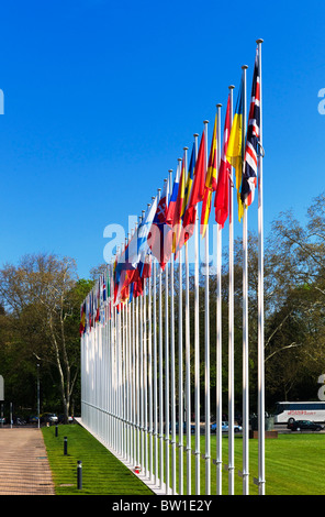 Drapeaux de pays européens en face de l'immeuble du Conseil de l'Europe, Palais de l'Europe, Strasbourg, Alsace, France Banque D'Images