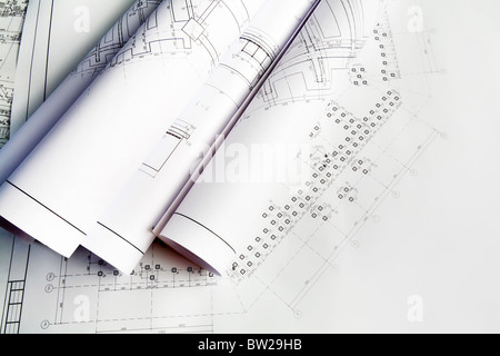 Close-up de bleus et des croquis de projets Banque D'Images