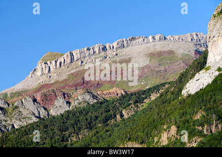 Castillo d'Acher escarpement calcaire karstique, Pyrénées espagnoles, au-dessus de la vallée de hecho boisées, Huesca, Aragon, Espagne. Juillet 2009. Banque D'Images