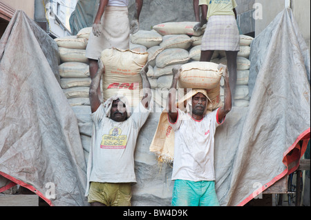 Les hommes indiens sacs de ciment de déchargement d'un camion de chantier de construction. L'Andhra Pradesh, Inde Banque D'Images